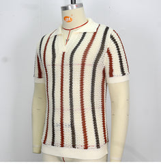 Men's Summer Chunky Knit Short-Sleeve Polo Shirt With Stripes Daily Outings