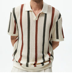 Men's Summer Chunky Knit Short-Sleeve Polo Shirt With Stripes Daily Outings