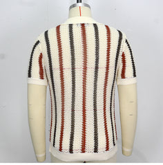 Men's Summer Chunky Knit Short-Sleeve Polo Shirt With Stripes Daily Outings