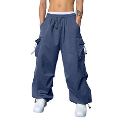Mens Casual Sports Cargo Pants Woven Pocket Foot Rope Street Tie Solid Pants