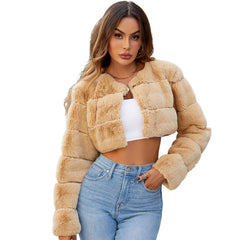 Faux Coat Cropped Jacket Fuzzy Fleece Jacket For Women V Neck Sweater