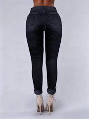 Women's Slim Fit Jeans High Waist Rockabilly Hole with Tie Trendy Jeans