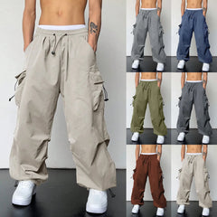 Mens Casual Sports Cargo Pants Woven Pocket Foot Rope Street Tie Solid Pants