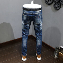 Fashion Designer Men Jeans Retro Blue Stretch Slim Fit Painted Jeans