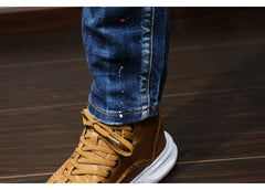 Fashion Designer Men Jeans Retro Blue Stretch Slim Fit Painted Jeans
