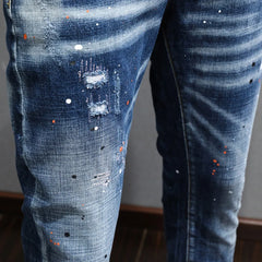 Fashion Designer Men Jeans Retro Blue Stretch Slim Fit Painted Jeans
