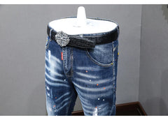 Fashion Designer Men Jeans Retro Blue Stretch Slim Fit Painted Jeans