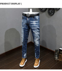 Fashion Designer Men Jeans Retro Blue Stretch Slim Fit Painted Jeans