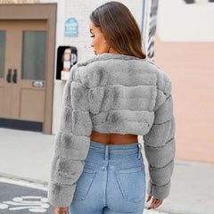 Faux Coat Cropped Jacket Fuzzy Fleece Jacket For Women V Neck Sweater