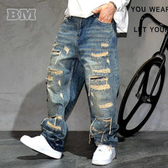 Mens Ripped Baggy Jeans Distressed Denim Streetwear Skateboard Pants