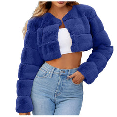 Faux Coat Cropped Jacket Fuzzy Fleece Jacket For Women V Neck Sweater
