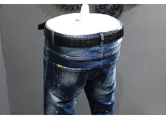 Fashion Designer Men Jeans Retro Blue Stretch Slim Fit Painted Jeans
