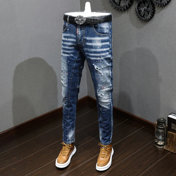 Fashion Designer Men Jeans Retro Blue Stretch Slim Fit Painted Jeans