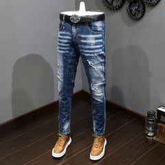 Fashion Designer Men Jeans Retro Blue Stretch Slim Fit Painted Jeans