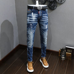 Fashion Designer Men Jeans Retro Blue Stretch Slim Fit Painted Jeans