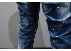 Fashion Designer Men Jeans Retro Blue Stretch Slim Fit Painted Jeans