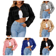 Faux Coat Cropped Jacket Fuzzy Fleece Jacket For Women V Neck Sweater