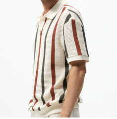 Men's Summer Chunky Knit Short-Sleeve Polo Shirt With Stripes Daily Outings