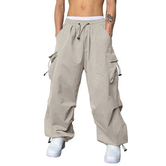 Mens Casual Sports Cargo Pants Woven Pocket Foot Rope Street Tie Solid Pants