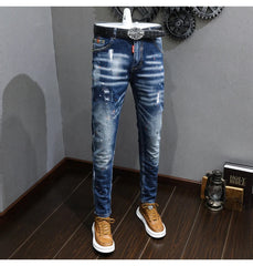 Fashion Designer Men Jeans Retro Blue Stretch Slim Fit Painted Jeans