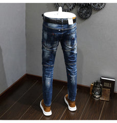 Fashion Designer Men Jeans Retro Blue Stretch Slim Fit Painted Jeans