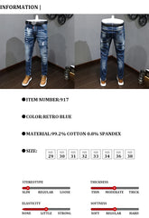 Fashion Designer Men Jeans Retro Blue Stretch Slim Fit Painted Jeans