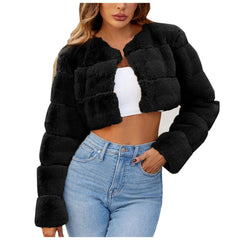 Faux Coat Cropped Jacket Fuzzy Fleece Jacket For Women V Neck Sweater