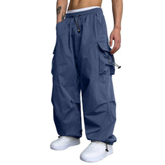 Mens Casual Sports Cargo Pants Woven Pocket Foot Rope Street Tie Solid Pants