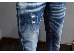 Fashion Designer Men Jeans Retro Blue Stretch Slim Fit Painted Jeans
