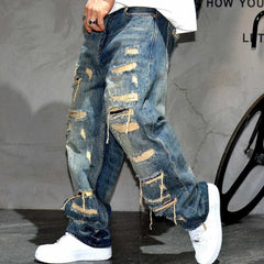 Mens Ripped Baggy Jeans Distressed Denim Streetwear Skateboard Pants