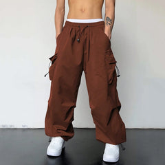 Mens Casual Sports Cargo Pants Woven Pocket Foot Rope Street Tie Solid Pants