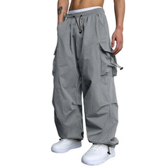 Mens Casual Sports Cargo Pants Woven Pocket Foot Rope Street Tie Solid Pants
