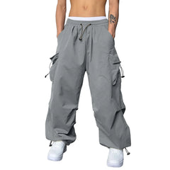 Mens Casual Sports Cargo Pants Woven Pocket Foot Rope Street Tie Solid Pants