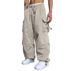 Mens Casual Sports Cargo Pants Woven Pocket Foot Rope Street Tie Solid Pants