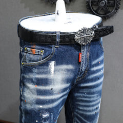 Fashion Designer Men Jeans Retro Blue Stretch Slim Fit Painted Jeans