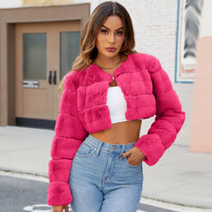 Faux Coat Cropped Jacket Fuzzy Fleece Jacket For Women V Neck Sweater