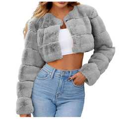 Faux Coat Cropped Jacket Fuzzy Fleece Jacket For Women V Neck Sweater