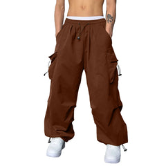 Mens Casual Sports Cargo Pants Woven Pocket Foot Rope Street Tie Solid Pants