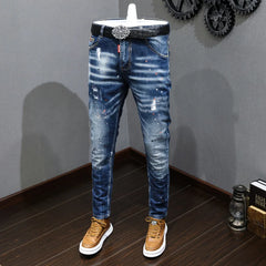 Fashion Designer Men Jeans Retro Blue Stretch Slim Fit Painted Jeans