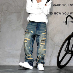 Mens Ripped Baggy Jeans Distressed Denim Streetwear Skateboard Pants