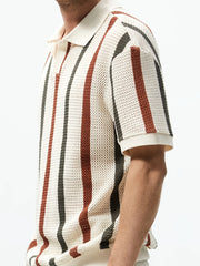 Men's Summer Chunky Knit Short-Sleeve Polo Shirt With Stripes Daily Outings