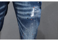 Fashion Designer Men Jeans Retro Blue Stretch Slim Fit Painted Jeans