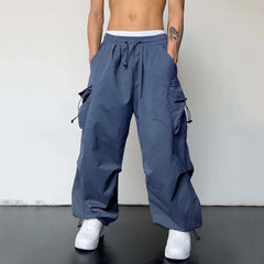Mens Casual Sports Cargo Pants Woven Pocket Foot Rope Street Tie Solid Pants