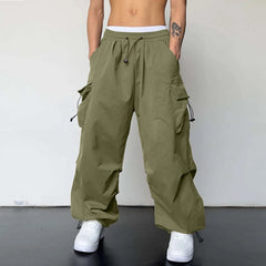 Mens Casual Sports Cargo Pants Woven Pocket Foot Rope Street Tie Solid Pants