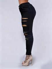 Women's Slim Fit Jeans High Waist Rockabilly Hole with Tie Trendy Jeans