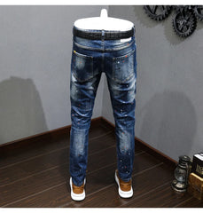Fashion Designer Men Jeans Retro Blue Stretch Slim Fit Painted Jeans