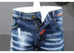 Fashion Designer Men Jeans Retro Blue Stretch Slim Fit Painted Jeans
