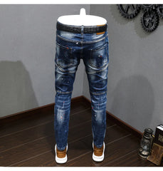 Fashion Designer Men Jeans Retro Blue Stretch Slim Fit Painted Jeans