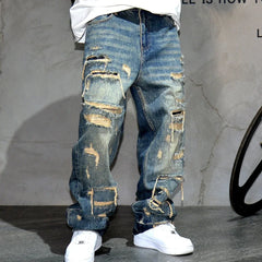 Mens Ripped Baggy Jeans Distressed Denim Streetwear Skateboard Pants