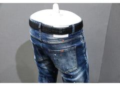 Fashion Designer Men Jeans Retro Blue Stretch Slim Fit Painted Jeans